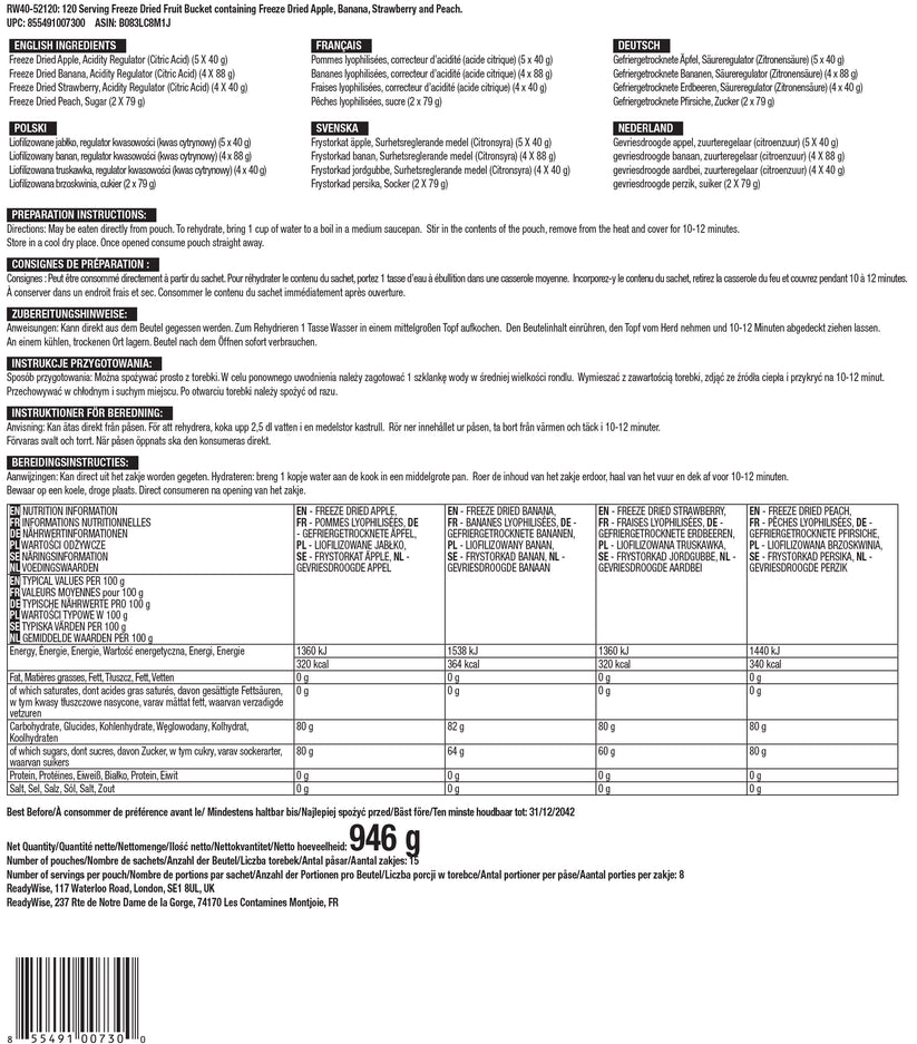 Readywise 120 Porsjons Frysetørket Fruktbøtte (20 år holdbarhet)