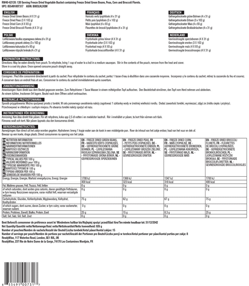 Readywise 120 Porsjons Frysetørkede Grønnsaker (25 år holdbarhet)